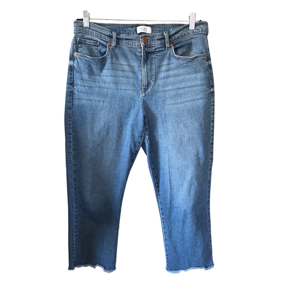 Loft Outlet Straight Crop‎ Jeans Medium Wash Blue Raw Hem Size 31 12 0500